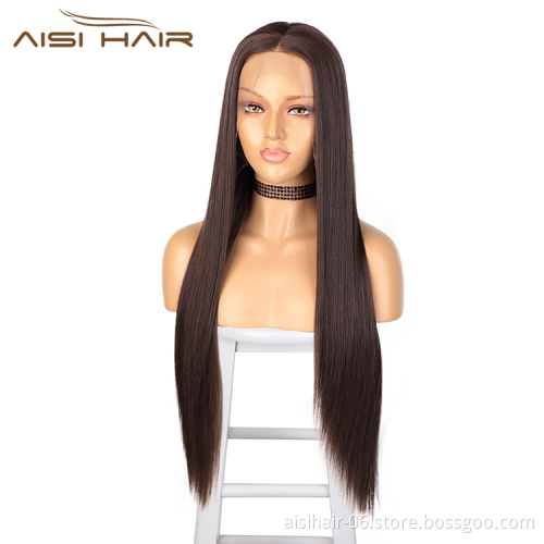 Aisi Hair Long Silky Straight Wave Brown Wig Cheap Swiss Lace Wig Synthetic Hair Lace Frontal Wigs For Black White Women